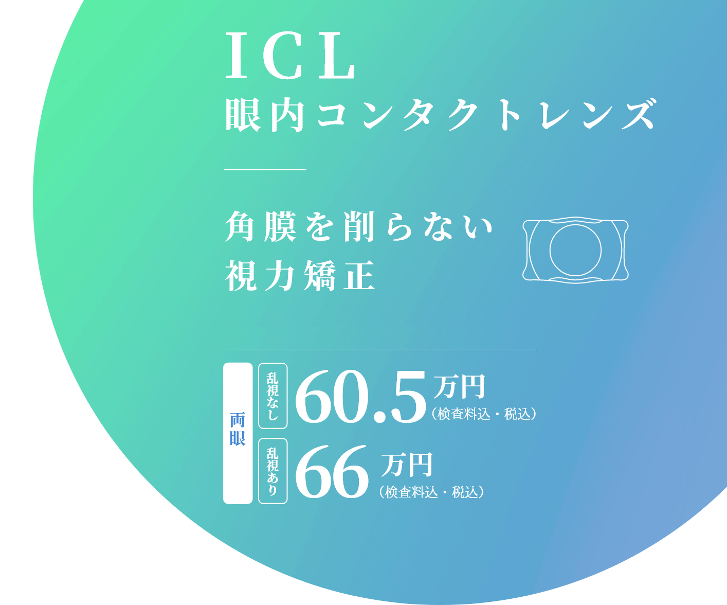 ICL眼内コンタクトレンズ｜角膜を削らない視力矯正 両眼 乱視なし 60.5万円（検査料込・税込）乱視あり 66万円（検査料込・税込）