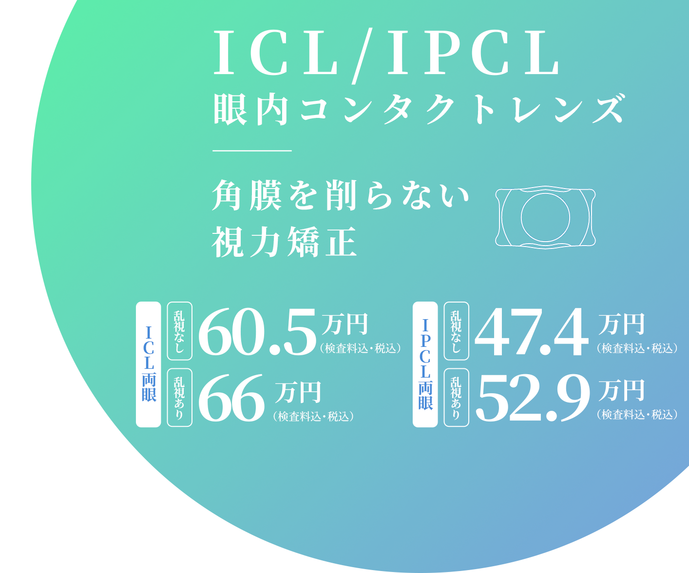ICL/IPCL眼内コンタクトレンズ｜角膜を削らない視力矯正 ICL両眼 乱視なし 60.5万円（検査料込・税込）乱視あり 66万円（検査料込・税込）IPCL両眼 乱視なし 47.4万円（検査料込・税込）乱視あり 52.9万円（検査料込・税込）